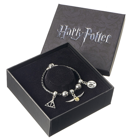 Ensemble Charm Harry Potter - Bracelet en cuir noir/Reliques de la mort/Vif d’or/Quai/2 perles de sort