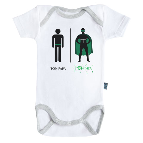 Mon super papa - Ma super famille - Body Bébé manches courtes - Coton - Blanc - Coutures grises Mon super papa - Ma super famille - Body Bébé manches courtes - Coton - Blanc - Coutures grises
