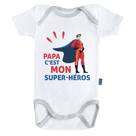 Papa c’est mon super-héros - Body Bébé manches courtes - Coton - Blanc - Coutures grises Papa c’est mon super-héros - Body Bébé manches courtes - Coton - Blanc - Coutures grises