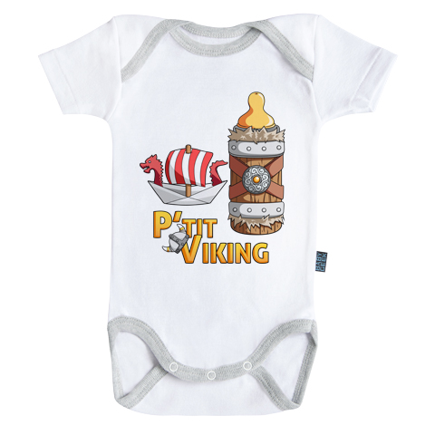Petit Viking - Body Bébé manches courtes - Coton - Blanc - Coutures grises Petit Viking - Body Bébé manches courtes - Coton - Blanc - Coutures grises