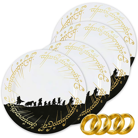 Lot de 4 assiettes et 4 anneaux ronds de serviettes - Seigneur des Anneaux Lot de 4 assiettes et 4 anneaux ronds de serviettes - Seigneur des Anneaux