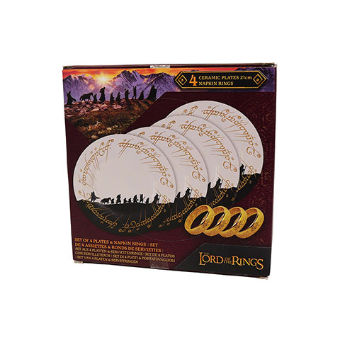 Lot de 4 assiettes et 4 anneaux ronds de serviettes - Seigneur des Anneaux Lot de 4 assiettes et 4 anneaux ronds de serviettes - Seigneur des Anneaux